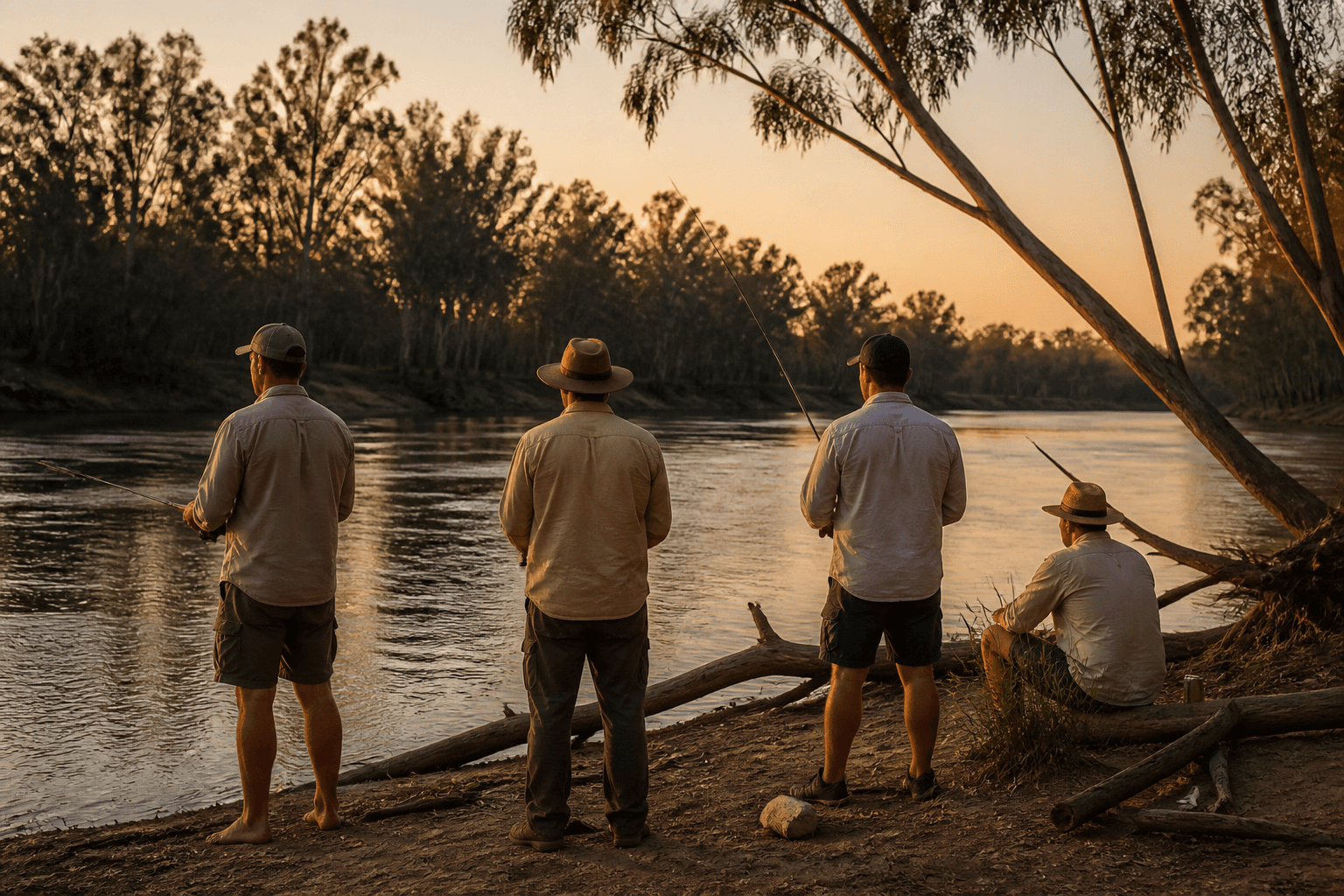A small group of men fishing from a riverbank at dusk