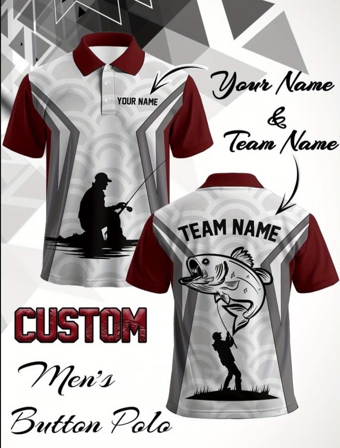Burgundy custom fishing polo, front and back, with a fishing silhouette and jumping fish graphic